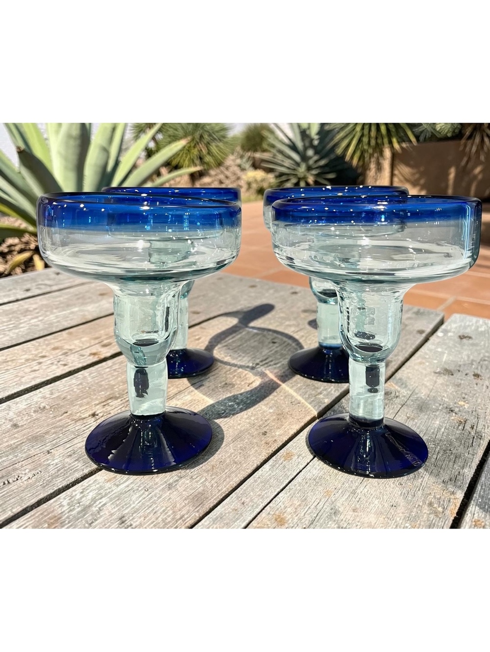 Set of 4 Cobalt Blue Rim Margarita Glasses Hand Blown 6.25” Footed Goblets
